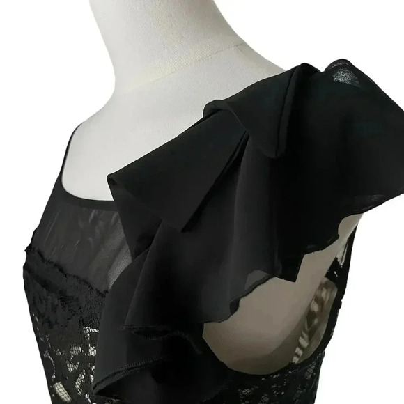 Whimsigoth Black Lace Cocktail Dress‎ One Shoulder Rosette The Limited L - Picture 8 of 16